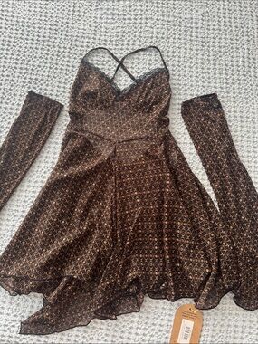 Her Pony Brown Patterned Festival Slip Dress With Lace Trim & Arm Sleeves - NWT